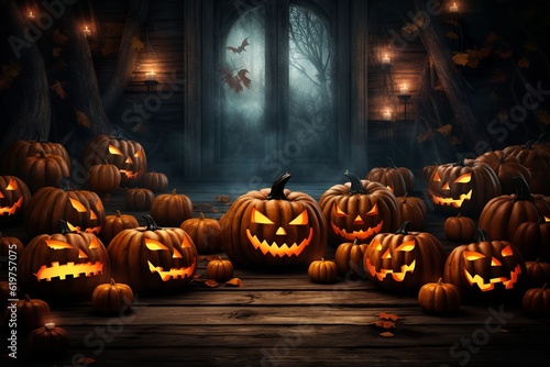 Halloween creepy spooky background, pumpkins, jack-o-lantern, bats, generative ai © Gbor