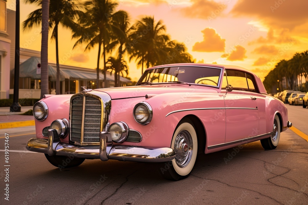 luxury pink and gold retro vintage car on the streets of miami at sunset, made with generative ai	