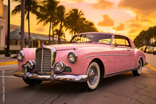 luxury pink and gold retro vintage car on the streets of miami at sunset, made with generative ai  © Gbor