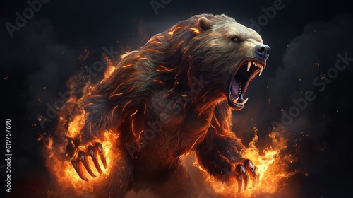 roaring mighty fantasy bear with flames and glowing lights, generative ai 