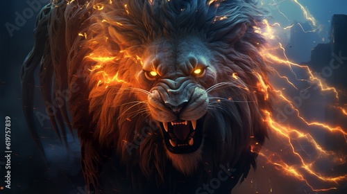 roaring mighty fantasy lion with flames and glowing lights, generative ai	 photo