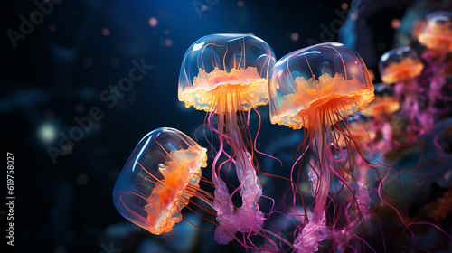 Glowing sea jellyfishes. Generative Ai © andranik123