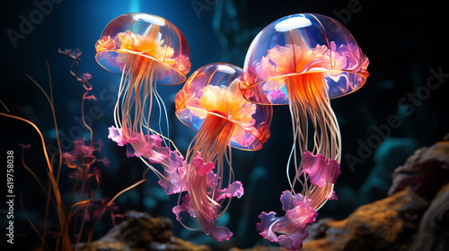Glowing sea jellyfishes. Generative Ai