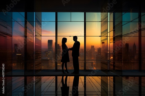 Silhouette of a businessman and businesswoman shake hands after completing an important deal. They are high up in a skyscraper with views of the city below. Natural light. Generative AI.