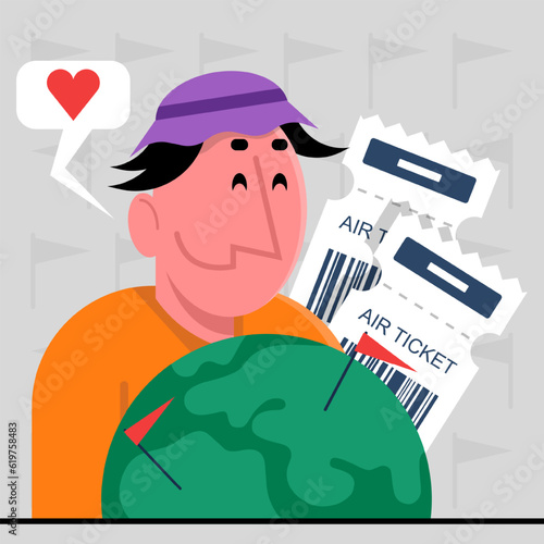 Young male holding air tickets and ready for travel aboard by plane. Time for recreation during trip. Sightseeing concept. Travel agency tour customers. Vector flat illustration in cartoon style
