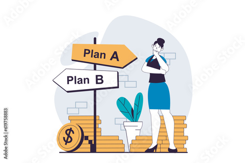 Business making concept with people scene in flat design for web. Woman choosing direction for company development and profit progress. Vector illustration for social media banner, marketing material.