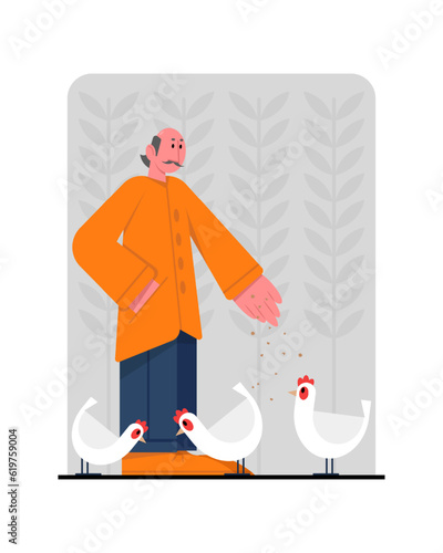 Male standing outside and feed chickens. Concept of housekeeping and retirement. Work in garden and animal care. Happy old age. Flat vector illustration in cartoon style