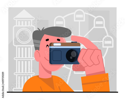 Smiling man holding camera and take pictures of sightseeing. Summer vacation trip. Travel agency tour customers. Vector flat illustration in orange and gray colors