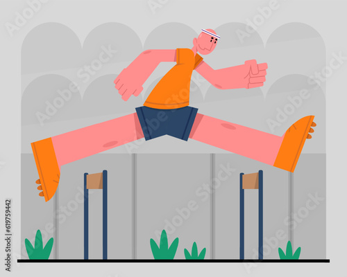 Active man running and jumps over obstacles. Doing sports outdoor. Morning training time. Active and healthy lifestyle. Concept of doing workout. Vector flat illustration in cartoon style