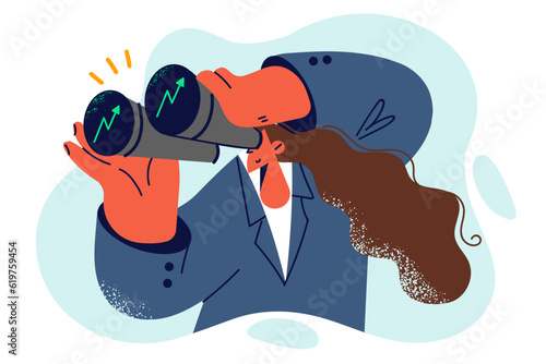 Businesswoman watching investment charts through binoculars making financial analytics