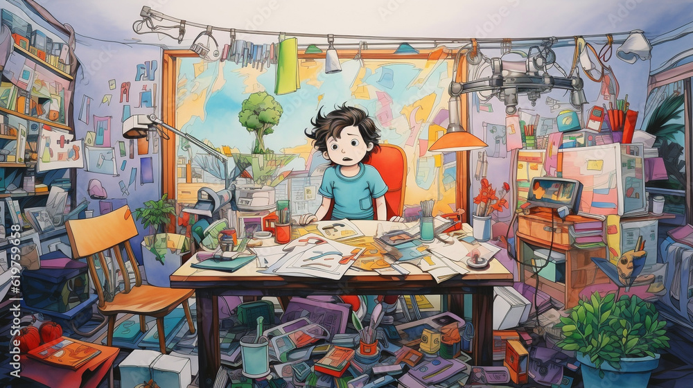Boy's messy room, Childbook illustration [AI generative]