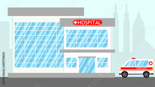 Hospital landscape vector illustration. Medical hospital building with ambulance car. Cityscape of clinic pharmacy for background, wallpaper, display or landing page. Background of hospital building