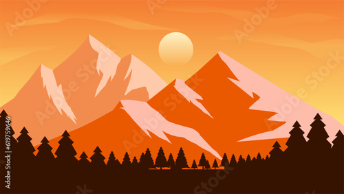 Mountain landscape vector illustration. Mountain peak view with pine forest and sunset sky. Mountain range landscape for background  wallpaper  display or landing page. Design vector background