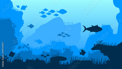 Underwater landscape vector illustration. Deep sea landscape with fish, coral reef and shipwreck. Sea world silhouette landscape for background, wallpaper, display or landing page. Vector background