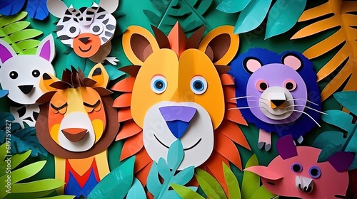 Colorful, funny jungle, smiling animals, simple paper cut animation for kids