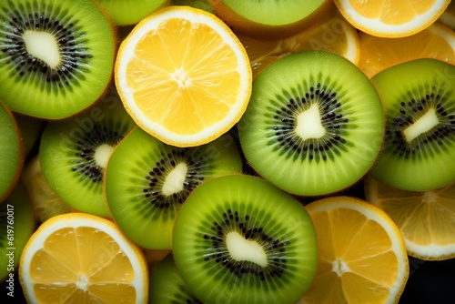 Fresh Assorted Fruits Background Lemon and Kiwi. Generative AI