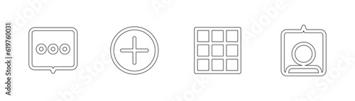 Outline vector of saved reply messages, add pictures, home page profile, tag icon set, vector, social media button icon, sign, symbol and grapic design.