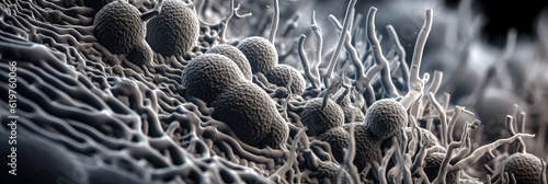 macro image of viruses and bacteria in tissues, abstract lactobacilli, monochromatic electron microscope photo, microbiological microlife background, macro bokeh depth of field photo