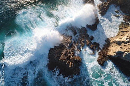Aerial shot of pacific waves surging onto rocky outcrop along the coastline photography