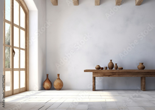 blank wall Mediterranean style interior mockup wooden table near wall with detail vignettes