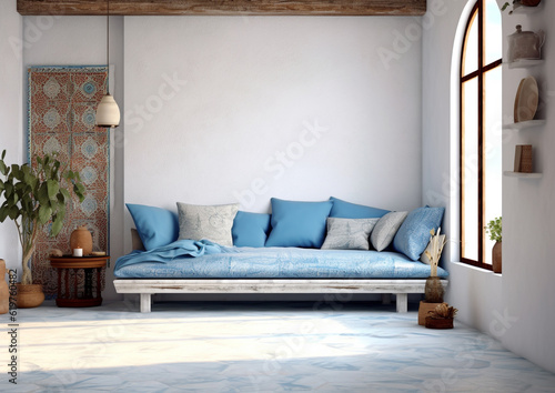  blank wall Mediterranean style interior mockup room with sofa