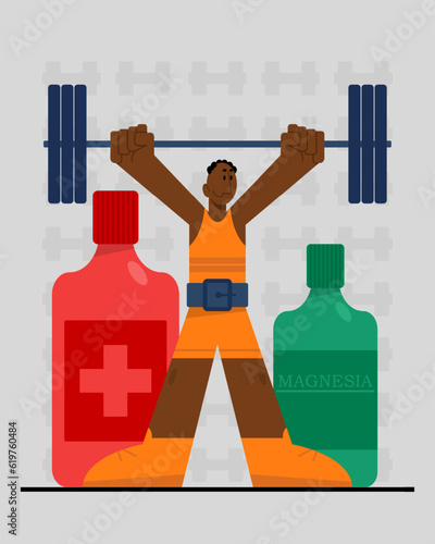 American male in sport clothes raises bar. Sports nutrition concept. Time for sports exercises. Regular physical activity. Healthy lifestyle and training. Vector flat illustration in cartoon style