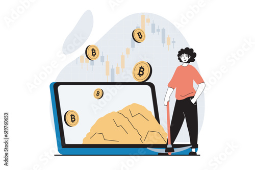 Cryptocurrency mining concept with people scene in flat design for web. Man with pickaxe working in mining crypto business at laptop. Vector illustration for social media banner, marketing material.