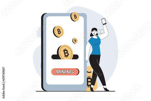 Cryptocurrency mining concept with people scene in flat design for web. Woman mining bitcoins and monitoring process at mobile app. Vector illustration for social media banner, marketing material.