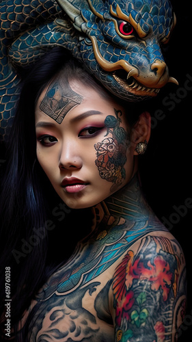 Asian woman with tattoos on her body and face. Generative AI