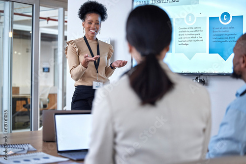 фотографія Presentation, meeting and businesswoman speaking to colleagues in the office conference room