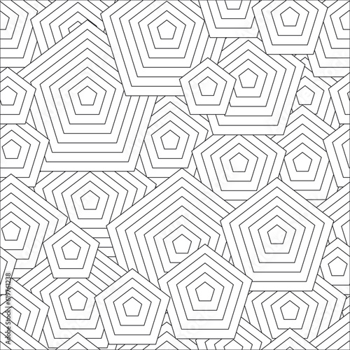 Black and white seamless pattern for coloring book in doodle style. Polygons, pentagon.