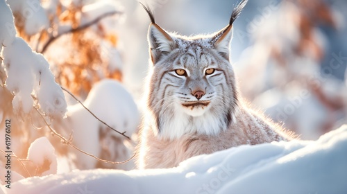 Lynx, winter wildlife. Cute big cat in habitat, cold condition. Snowy forest with beautiful animal wild lynx, Poland. Eurasian wild cat in the forest with snow, copy space, blue, AI Generated.