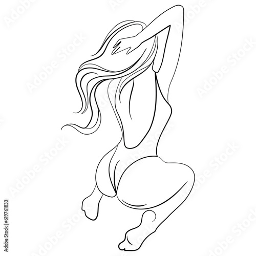 Line drawing of a sexy young woman in a piece swimsuit sitting with her back in a beautiful pose.black and white vector drawing sketch. Abstract girl model with long hair and swimsuit