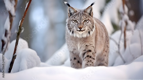 Lynx  winter wildlife. Cute big cat in habitat  cold condition. Snowy forest with beautiful animal wild lynx  Poland. Eurasian wild cat in the forest with snow  copy space  blue  AI Generated.