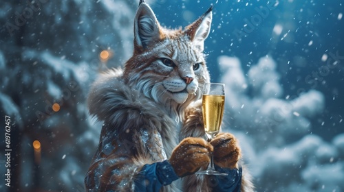 Christmas lynx holding a glass of champagne, celebration party, merry holiday, snow forest background with copyspace, humanized animal wearing clothes, surreal fantastic, luxury, 3d game, AI Generated