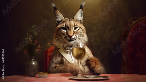 Christmas lynx holding a glass of champagne, celebration party table served, merry holiday, luxury living room background with copy space, retro, humanized animal wearing clothes, AI Generated