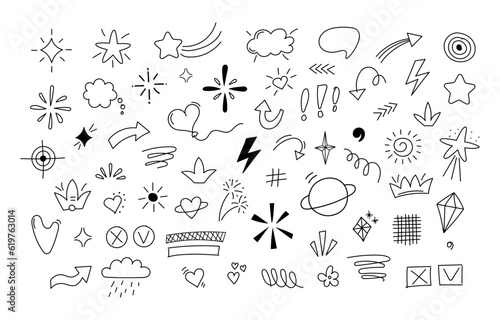 Cute emphasis doodle set. Simple sketch line elements. Doodle hearts, arrows, stars, clouds decorations