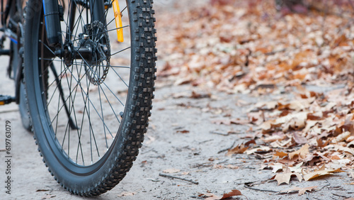 front wheel of a mountain bike. Mountain bike. stands on a forest road. concept of cycling, repair or breakage, sports, outdoor activities. bike on trail, front wheel in focus. space for text © Oleksandr Filatov