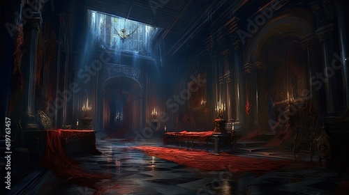 Inside of cathedral with red carpet. Generative AI © Soulmate