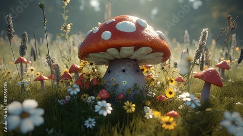 Mushroom toy in field with flowers. Generative AI