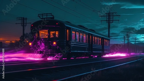 Train with purple steam at night. Generative AI