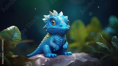 Blue little dragon in forest. Blue lizard toy. Generative AI © Soulmate