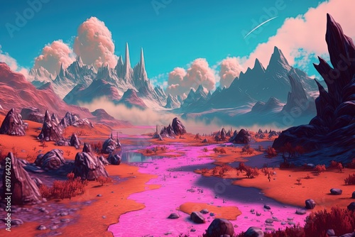 Breathtaking fantasy landscape with pink river. Generative AI