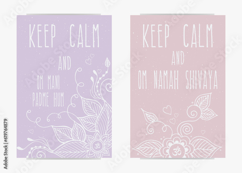 Set of motivational typography posters with mantras on soft purple and pink textured background. Vector illustration with floral mehndi pattern for yoga, meditation and spiritual practices.