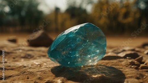 Close-up aquamarine stone on ground. Generative AI