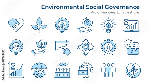 ESG flat icons, such as environment social governance, risk management, financial performance, sustainable developmen and more. Editable stroke.