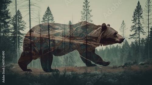 Double exposure of a bear and a forest. Generative AI © Soulmate