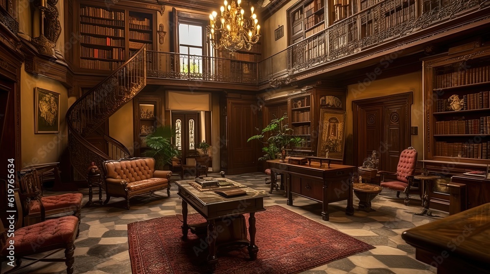 Fototapeta premium A grand library with towering bookshelves. Generative AI
