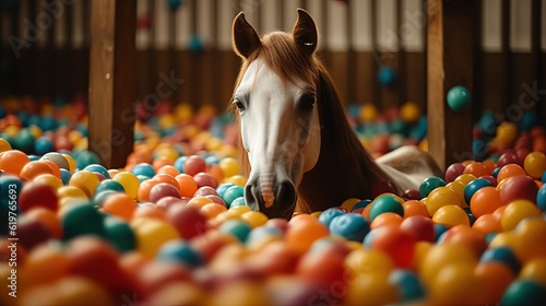 Horse in a kids ball pit. Generative AI