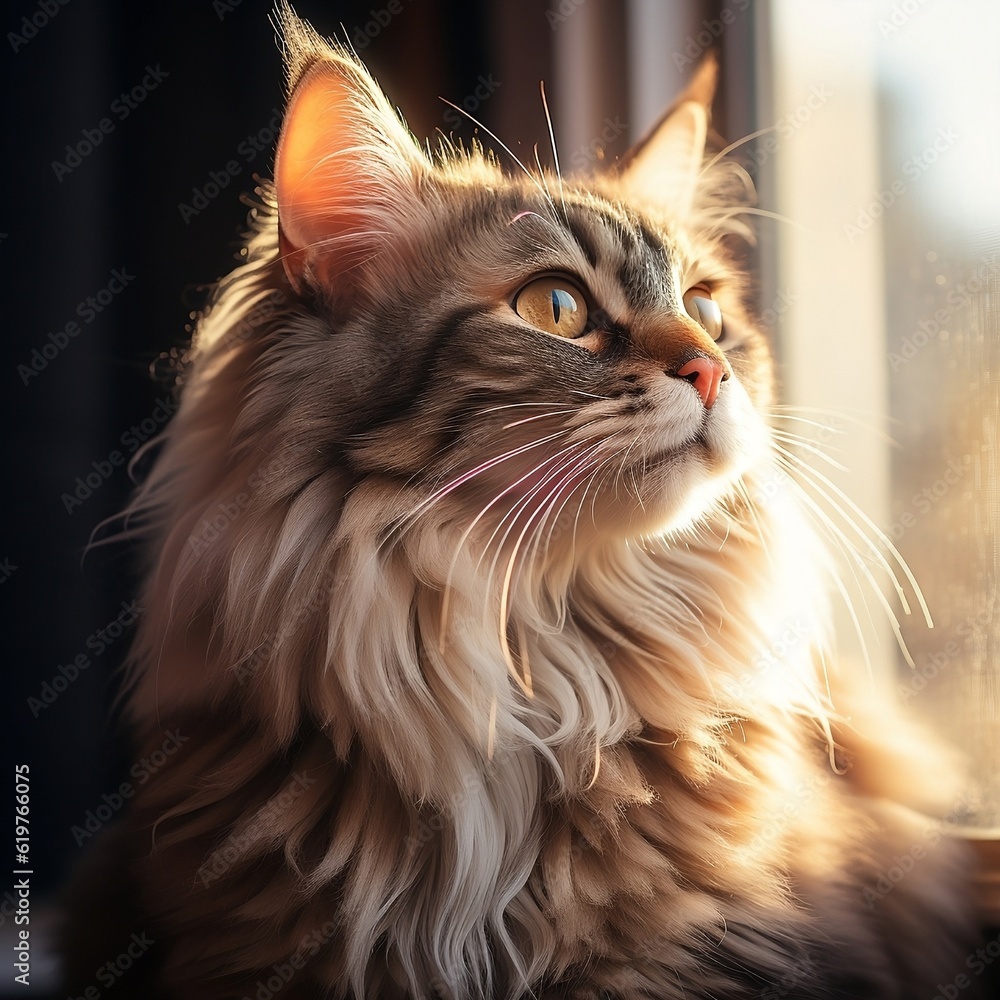 The image features a beautiful and calm cat. The cat is sitting next to a window. The image features a beautiful and calm cat. The cat is sitting next to a window.